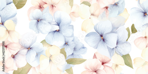 Floral seamless pattern with delicate inflorescences hydrangea, watercolor illustration isolated on white background for textile, wallpaper or wrapping paper in vintage style, print in pastel colors