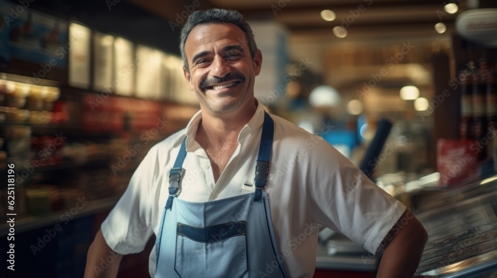 Smiling store employee. Retail store, grocery store, bakery, pharmacy with apron working in market.