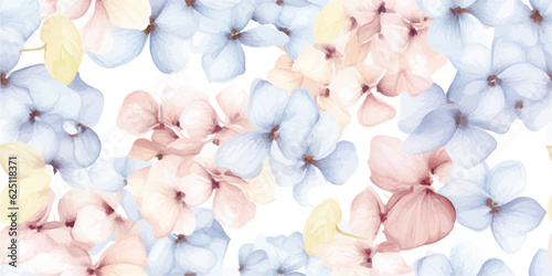 Floral seamless pattern with delicate inflorescences hydrangea, watercolor illustration isolated on white background for textile, wallpaper or wrapping paper in vintage style, print in pastel colors