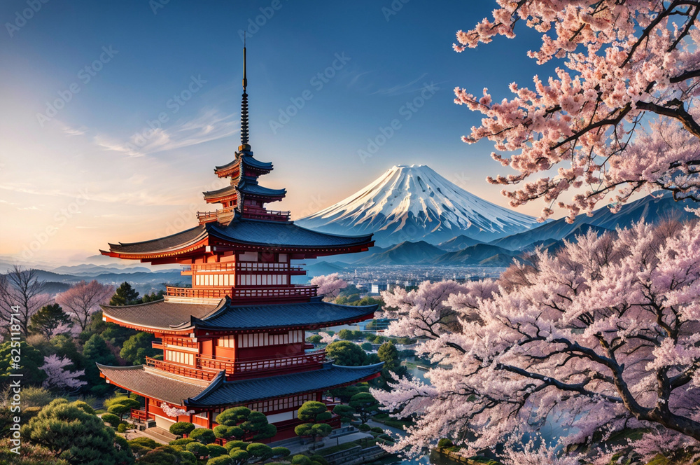 Naklejka premium Mount Fuji and cherry blossom in Japan at sunset. Panorama 
