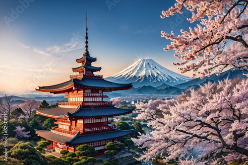 Mount Fuji and cherry blossom in Japan at sunset. Panorama 