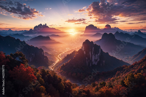Beautiful sunrise in the morning misty mountain landscape with fog. © Viewvie