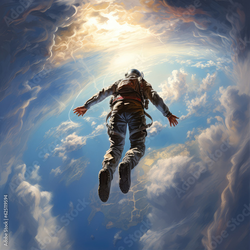 Skydiver free fall parachute man. Skydiving free fall man. Space games background sunset Generative AI technology,