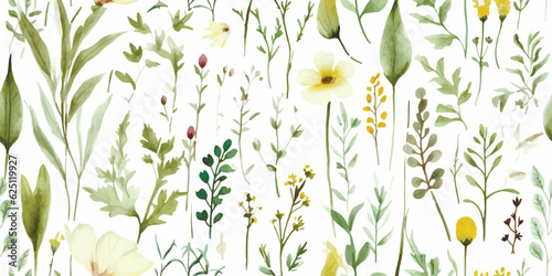 Floral seamless pattern with greenery wildflowers, random abstract plants, flowers and leaves on white background. Watercolor illustration