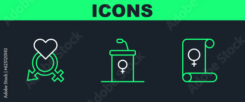 Set line Feminism, Gender and Debate podium rostrum icon. Vector