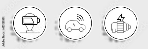Set line Electric motor, Battery charge and Smart car system icon. Vector