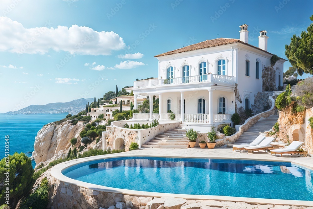 pool in the resort, a Traditional white Mediterranean-style house. Generative AI