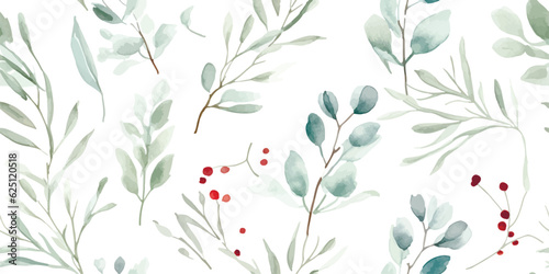 Watercolor seamless pattern with winter branches, leaves eucalyptus and Christmas twigs. Tender floral green illustration on white background in vintage style