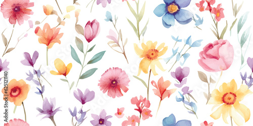 Floral watercolor seamless pattern with colorful flowers in herbarium style. Hand painting image, print in pastel colors isolated on white background