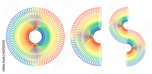 Set rainbow spiral spring toy. Children magic slinky spring. Colored plastic kid toy. Vector illustration photo