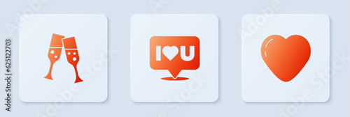 Set Speech bubble with I love you, Glass of champagne and Heart. White square button. Vector