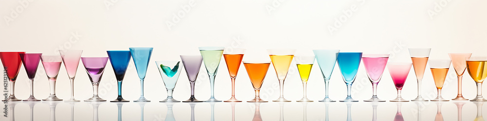 a row of multicolored cocktails isolated on a white background. Generative AI