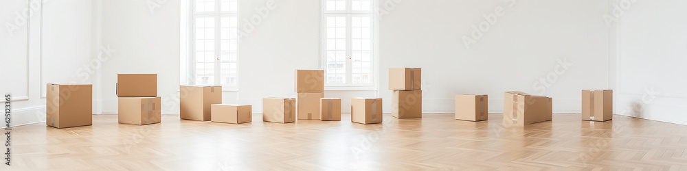 cardboard boxes isolated on a long narrow white background panorama row. Generative AI cardboard boxes isolated on a long narrow white background panorama row. Generative AI