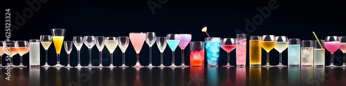 a row of multicolored cocktails isolated on a white background. Generative AI
