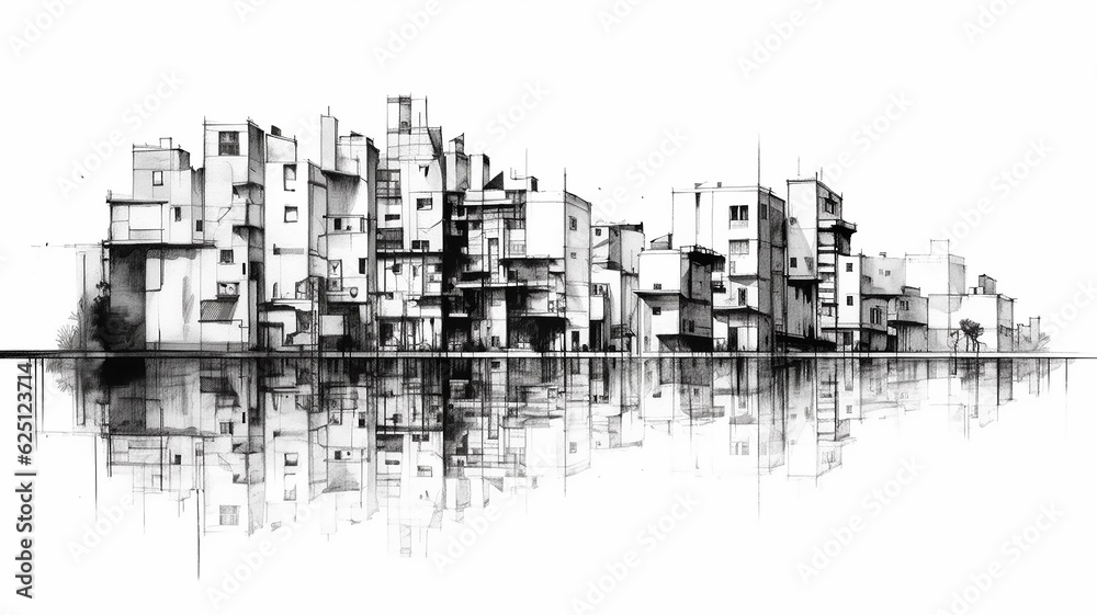 black and white sketch city with reflection  drawing in watercolor pencil. Generative AI