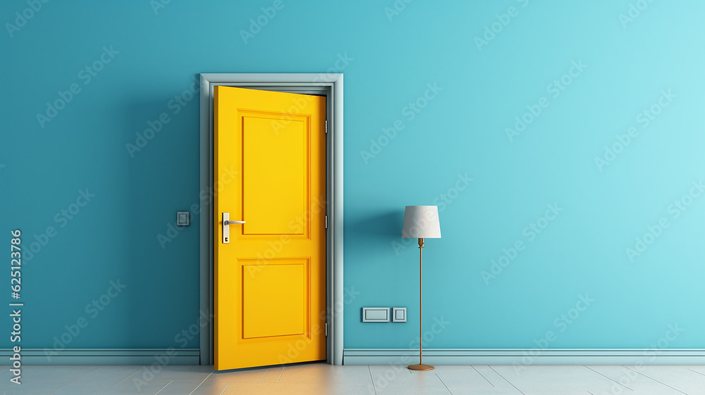 yellow door on a blue background abstract interior. Generative AI yellow door on a blue background abstract interior. Generative AI