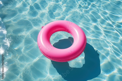 Inflatable buoy ring, kids pink lifebuoy on swimming pool, view from above