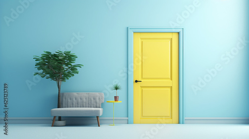 yellow door on a blue background abstract interior. Generative AI