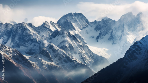 panorama landscape of mountains snowy peaks of rocks in fog and clouds. Generative AI © kichigin19