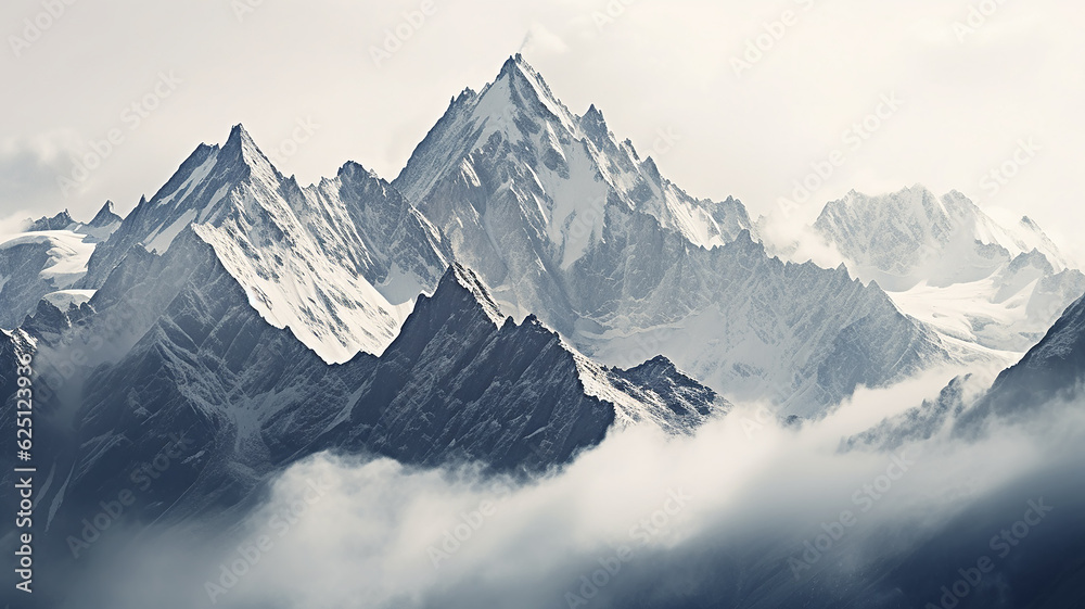 panorama landscape of mountains snowy peaks of rocks in fog and clouds. Generative AI