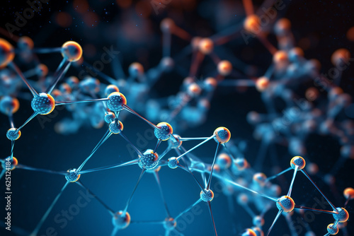 A photo of a network of molecules, with some molecules highlighted, representing key elements in a chemical system Generative AI