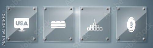Set American Football ball, City landscape, Sandwich and USA Independence day. Square glass panels. Vector