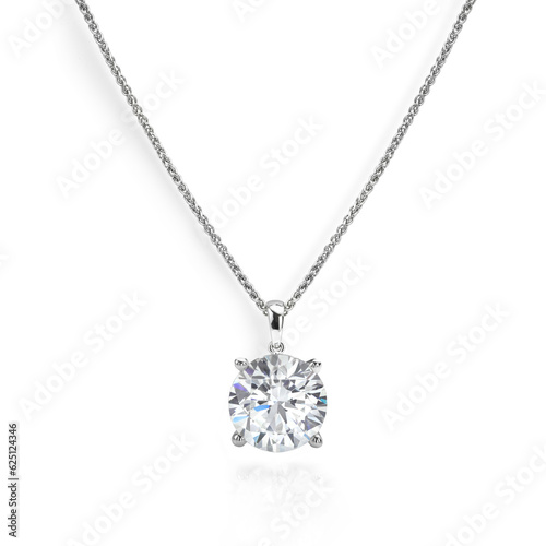 Diamond Necklace. Diamond Pendant isolated on White Background with Big Diamond and Chain. 