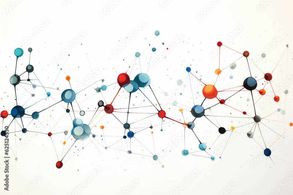 An illustration of a network of molecules on a white background, interconnected to represent chemical bonding and interactions Generative AI