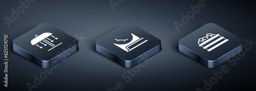 Set Isometric Attraction carousel, Pool with balls and Skate park icon. Vector