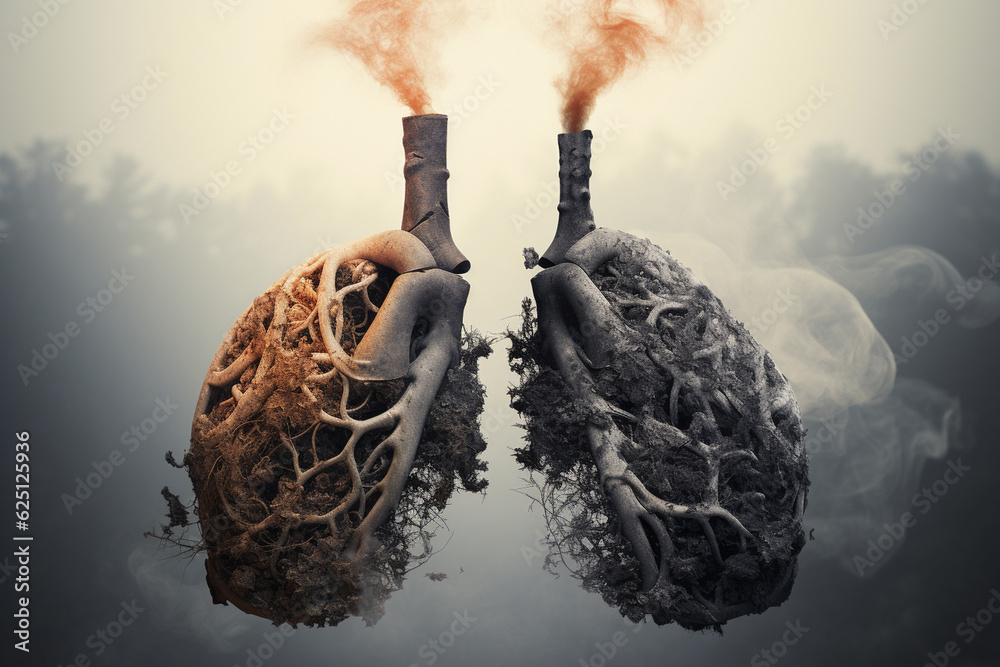 An image of a healthy pair of lungs contrasted with blackened and