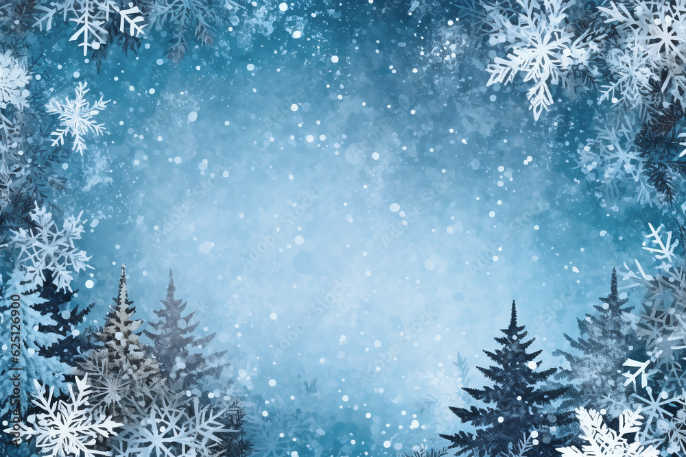 Christmas background with space for text in a watercolor drawing style. Snow-covered Christmas trees, snowflakes on a blue background. Template for inserting text, invitation, banner. Generated by AI