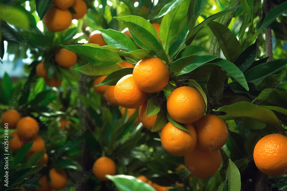 Ripe juicy oranges on tree branches. Organic Farm Orange Orchard. Generated by AI
