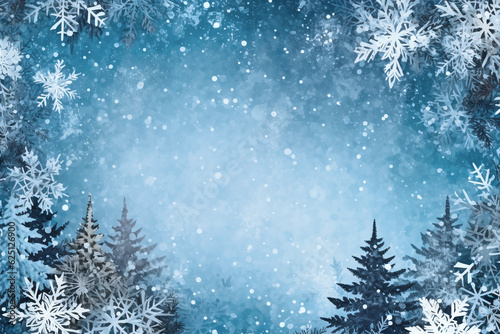 Christmas background with space for text in a watercolor drawing style. Snow-covered Christmas trees, snowflakes on a blue background. Template for inserting text, invitation, banner. Generated by AI