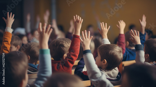 In the classroom for the answer to the lesson, learning and education, children's development, knowledge, and young students raise their hands to ask for opinions. generative AI