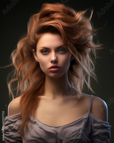 Schönes Frauen Gesicht mit moderner Frisur und fliegenden Haaren Nahaufnahme, ai generativ