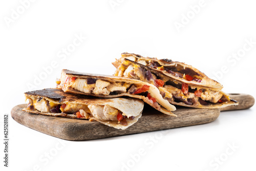 Mexican quesadilla with chicken, cheese and peppers isolated on white background