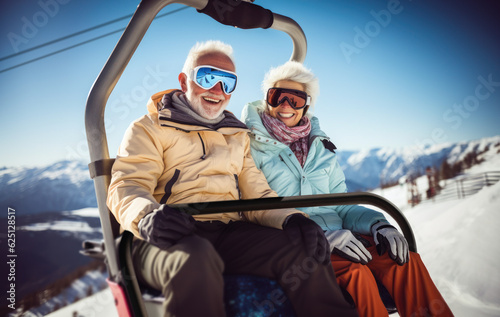 old happy couple sitting on a ski  lift, generative ai