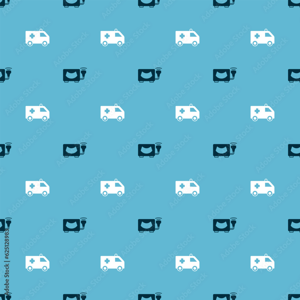 Set Ultrasound and Ambulance car on seamless pattern. Vector Set Ultrasound and Ambulance car on seamless pattern. Vector