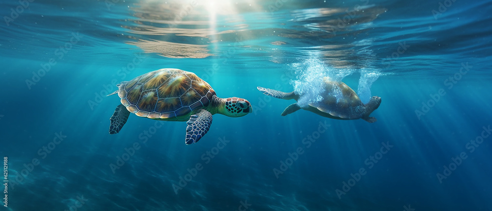 Fototapeta premium Ocean pollution is an ecological catastrophe Plastic bags . A turtle surrounded by debris behind. Generative Ai.