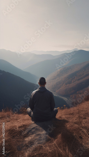 Man yoga meditation sitting on a rock in the mountains in nature  mental health care concept. AI generated