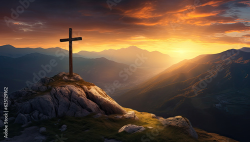 Religious cross on a hilltop at sunset - AI Generated