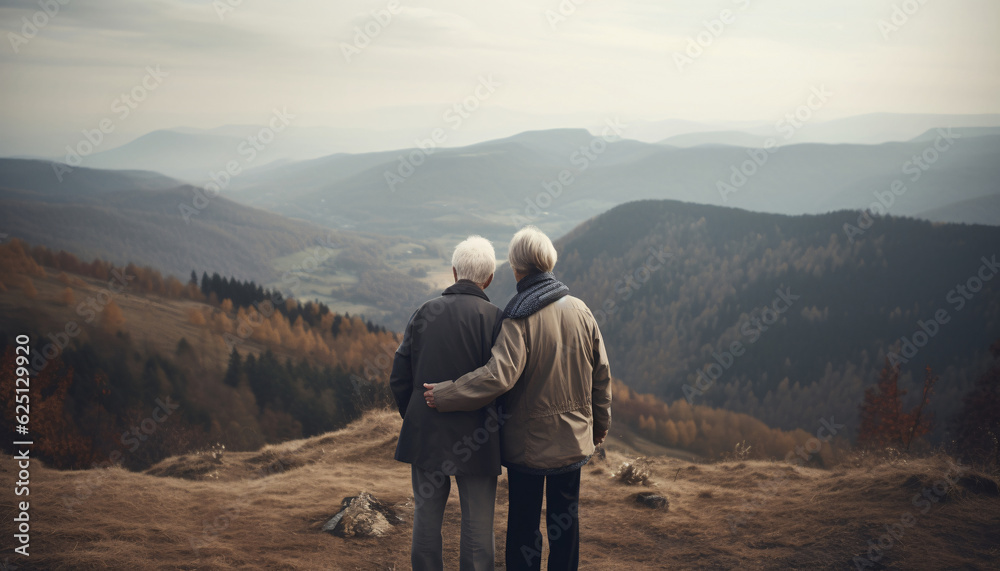Elderly senior couple hugging while walking or traveling in the mountains, rear view, AI generated