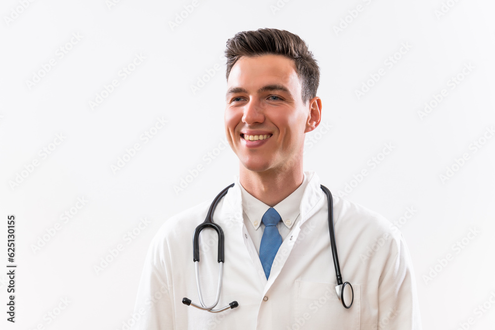 Portrait of young successful doctor thinking.	