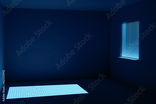 Moonlight on the floor through a window with horizontal blinds.