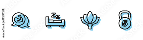 Set line Lotus flower, Bodybuilder muscle, Time to sleep and Weight icon. Vector