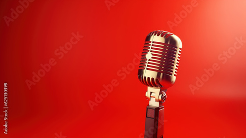 Retro vocal microphone on a red background, banner with copy space. Music, vocals, karaoke concept