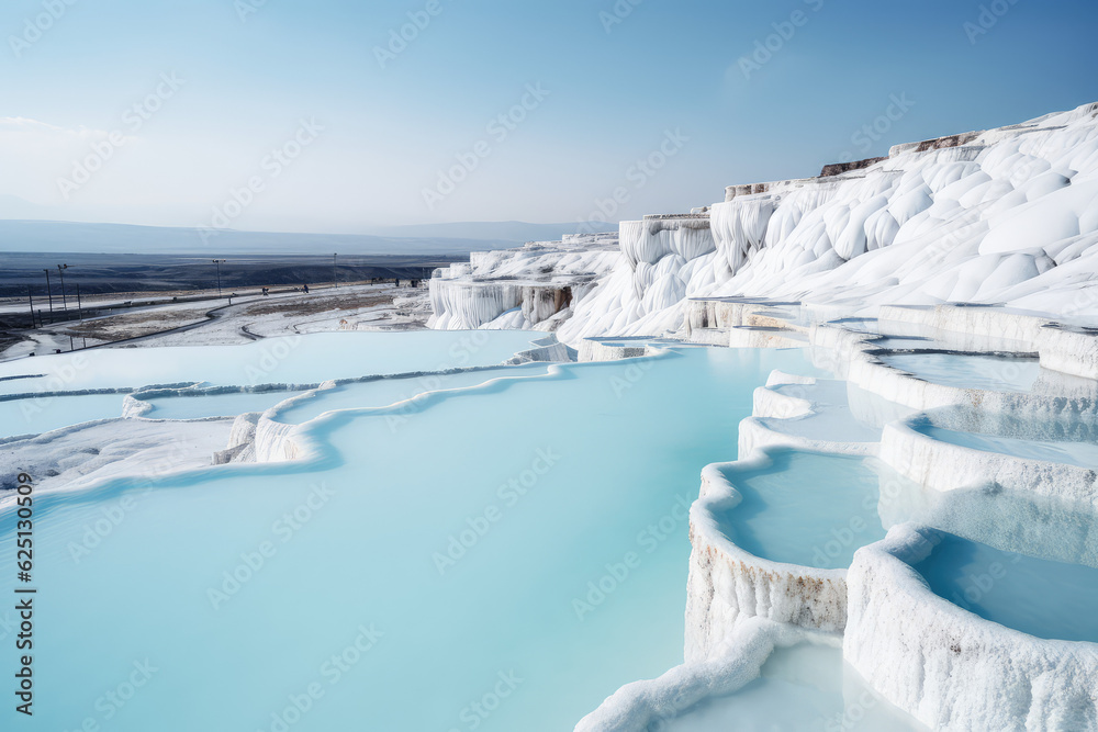 Obraz premium Natural travertine pools and terraces. Creative wallpaper with unusual amazing natural landscapes. Nobody.