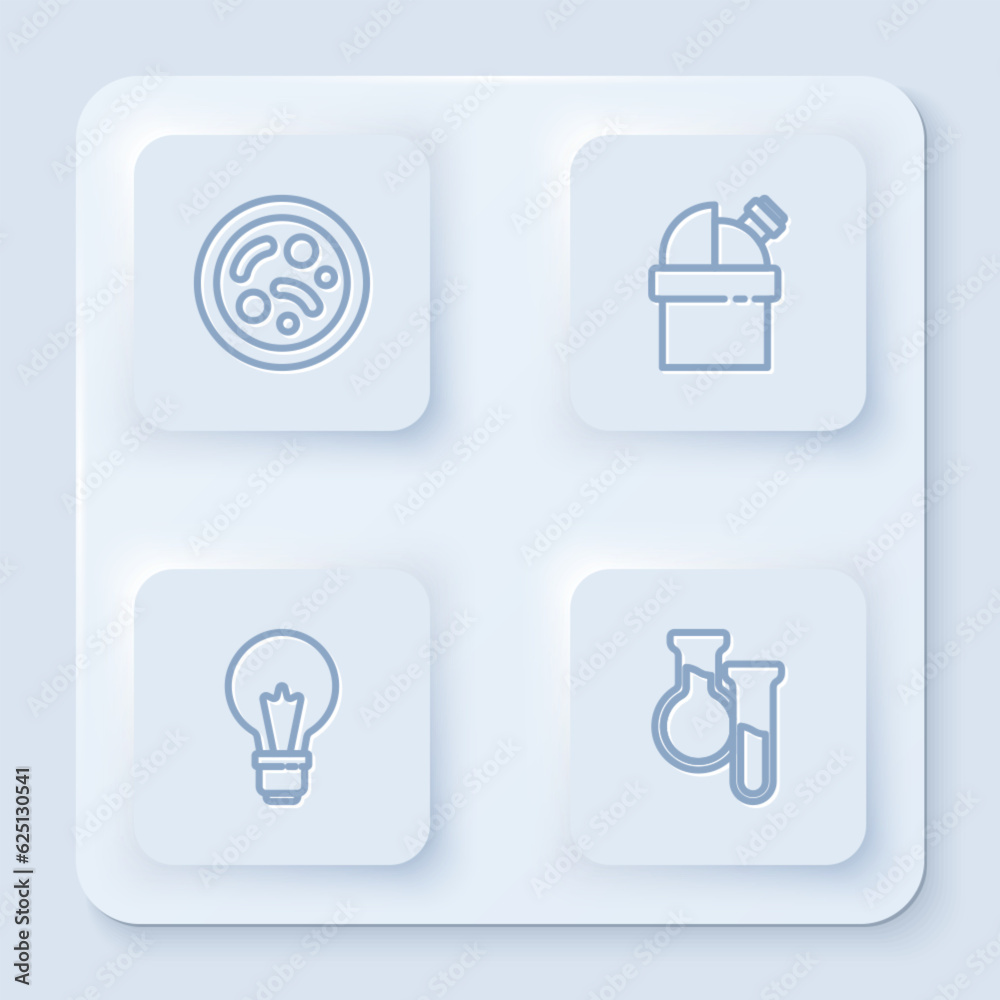 Set line Bacteria, Astronomical observatory, Light bulb with concept of idea and Test tube and flask. White square button. Vector Set line Bacteria, Astronomical observatory, Light bulb with concept of idea and Test tube and flask. White square button. Vector