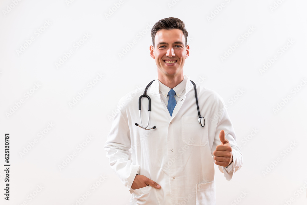 Portrait of young content doctor showing thumb up. Portrait of young content doctor showing thumb up.