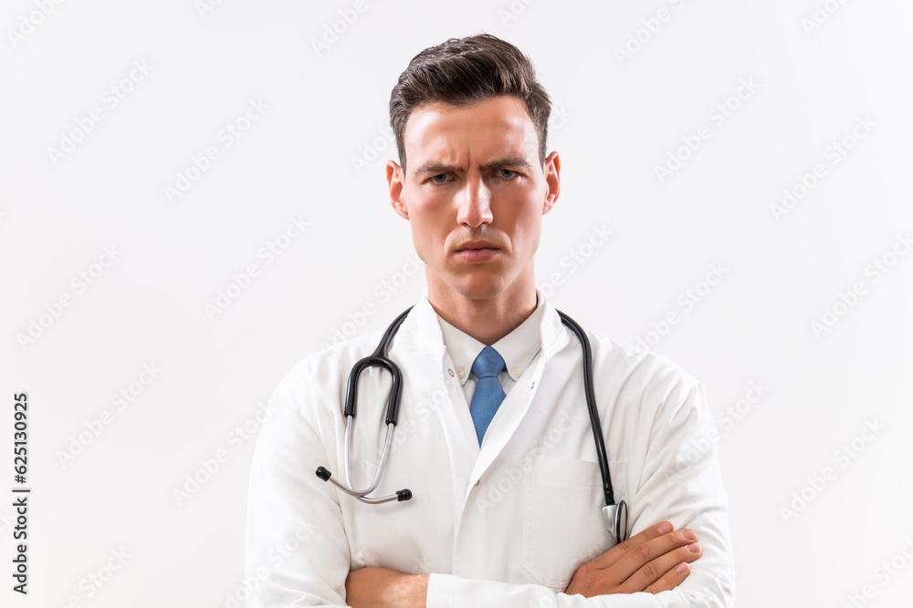 Portrait of young angry doctor thinking.	